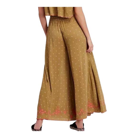 Free People Hearts Rising Pants Women’s Size Large Moss Green Embr Boho Wide Leg - Picture 2 of 10